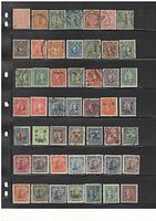 First photo showing multiple rows of small, used Chinese stamps including Imperial era stamps with Chinese official portraits in various colors and denominations.