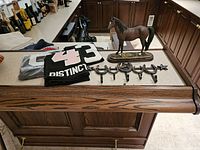 Overview shot showing rug, statue, blankets, and wall rack on countertop