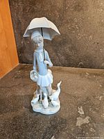 Front view of Lladró porcelain figurine showing lady in scarf and skirt holding umbrella and basket, surrounded by ducks.