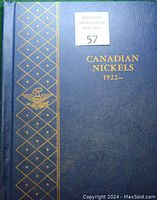 Blue hardcover collection book cover labeled 'Canadian Nickels 1922–' with decorative gold accents.