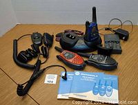 Photo of the Motorola two-way radios set with accessories including chargers and headsets.