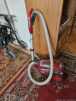 Side view of red Dirt Devil canister vacuum cleaner with hose attached, showing power cord and wheels, sitting on a decorative rug.