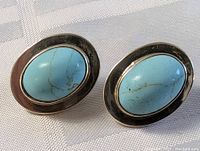 Pair of sterling silver earrings with oval cabochon turquoise stones. Each stone has natural feathered brown matrix lines on light blue turquoise, framed in polished sterling silver.
