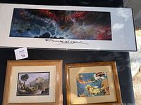 Wide rectangular abstract artwork framed with signature and plexiglass cover showing a small crack. Overall dimensions 36 x 12 inches.