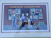 Framed serigraph artwork showing several figures and posters with a storefront background labeled 'Imprimeur Lithographe'.