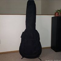 Front view of black soft guitar bag with zippered accessory pocket on the body section, standing upright against wall.