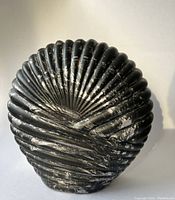 Front angle view of the large black shell vase showing its ridged shell design and speckled surface.