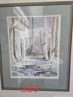 Framed watercolour print of birch trees in winter scene, showing overall condition and frame.