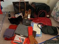 Overall view showing all bags, scarves, gloves, shoes, and animal-shaped accessory.