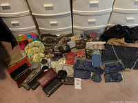 Overall lot showing collection of purses, wallets, coin pouches, and cosmetic bags in various materials and colors arranged on carpet.