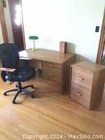 Desk, black office chair, and file cabinet arranged on hardwood floor with a lamp and book on the desk.