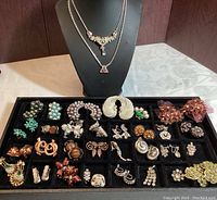 Overview of all clip-on earrings and two necklaces displayed in black velvet compartments on a table with a necklace holder showing two rhinestone necklaces.