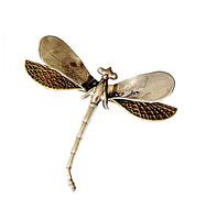 Front view of large sterling silver dragonfly brooch showing silver upper wings and gold plated textured lower wings.