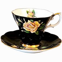 Royal Albert black teacup with yellow and pink rose floral pattern and gold rims and handle, shown from a side angle