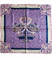 Full top-down view of the 25-inch square scarf showing the central bird design and floral corners on a purple background with cream and navy blue borders.