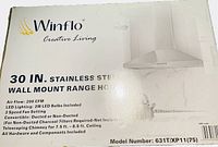 Box front showing Winflo 30 inch stainless steel wall-mounted range hood with features including 200 CFM airflow, 2W LED lighting, 3 speed fan, convertible ducted/non-ducted, telescoping chimney for 7.5-8.5 foot ceilings, model 631T/XP11(75).