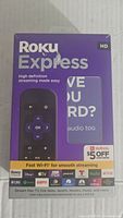 Box front showing Roku Express HD streaming media player with remote image and premium streaming channels branding.