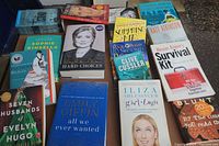 Photo showing entire set of 14 mixed fiction and non-fiction adult books laid out outside