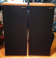 Front view of both speakers with grills on