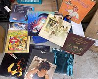 Top view of blue bin showing a selection of album front covers including Class Clown, Escape and hazmat suit cover.