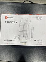 Top view of Lifepro Radiate X Healing boots box showing the product illustration, brand, and model name. Includes image of boots and wired controller.