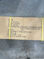 Box top with product code, dimensions, and country of origin details.