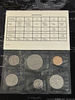 Six 1986 Canadian coins sealed in original plastic holder, with specification card on top showing coin details such as composition, weight, diameter.