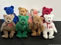 Front view of all eight assorted Ty Beanie Babies bears showing colors and features.