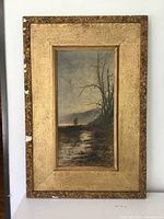 Full view of the antique oil painting with gold-tone frame showing minor losses on the painting and visible damage and chips on the frame edges.