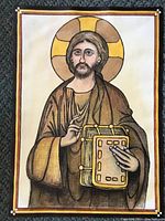 Full front view of the painting showing the religious figure and color details