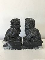 Front view of the pair of dark stone foo dogs with scuffs and marks visible.