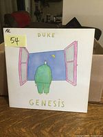Front cover of the Genesis LP record 'Duke' showing illustration of person looking out window at crescent moon.
