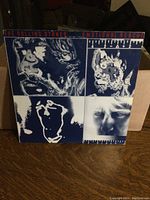 Front cover of The Rolling Stones Emotional Rescue LP showing abstract blue and white artwork with distorted faces.