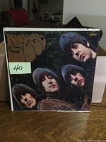 Front cover of The Beatles Rubber Soul vintage LP record with band members' faces and album title.