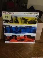 Front cover of The Police Synchronicity LP showing colorful bands with images of band members and hand-written title.