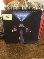 Front cover of 'Progressions of Power' vinyl LP by Triumph showing three band members and colorful light beams on a black background.