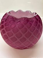 Front and overall view of the purple satin glass vase with diamond quilted pattern and scalloped rim.