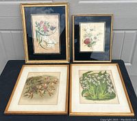 Four floral prints framed, two gold and two in wooden frames, arranged on black cloth in front of garage door.