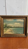 Framed oil on board painting of Lake Erie Beach showing landscape scene and artist signature.