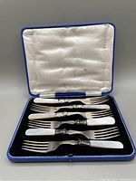 Photo of six forks with mother of pearl handles and sterling ferrules in a velvet-lined presentation case.