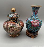 Satsuma ginger jar with cloisonné vase side by side