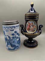 Photo showing both the Limoges style urn and King Brewery tankard side by side