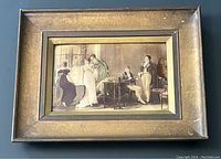 Full view of framed crystoleum painting depicting five people in period dress in an interior scene.