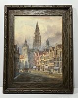 Full view of the framed watercolour of Antwerp showing detailed cityscape and frame.