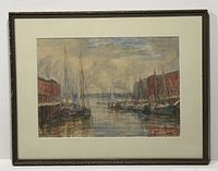 Full view of the framed painting showing sailboats docked between brick buildings along waterfront, with matting and decorative frame.