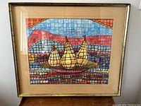 Framed abstract cubist watercolor artwork featuring four pears in mosaic style, with vibrant colors and geometric background.