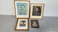 Four framed items including the Van Gogh portrait print, other art prints, and a small photograph of a military man.