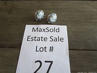 Pair of blue cameo earrings with white carved female profiles and silver-tone decorative frames placed on wood surface with MaxSold estate sale lot number card.