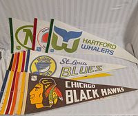 Photo showing multiple NHL team felt pennants including Hartford Whalers, St. Louis Blues, Chicago Blackhawks, and others with some visible wear and discoloration.