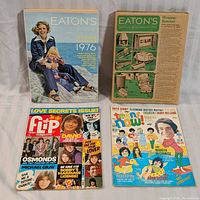 Photo showing three items: 1976 Eaton's catalogue, Sept 1972 Teens Now! magazine, and March 1973 Flip teen magazines.
